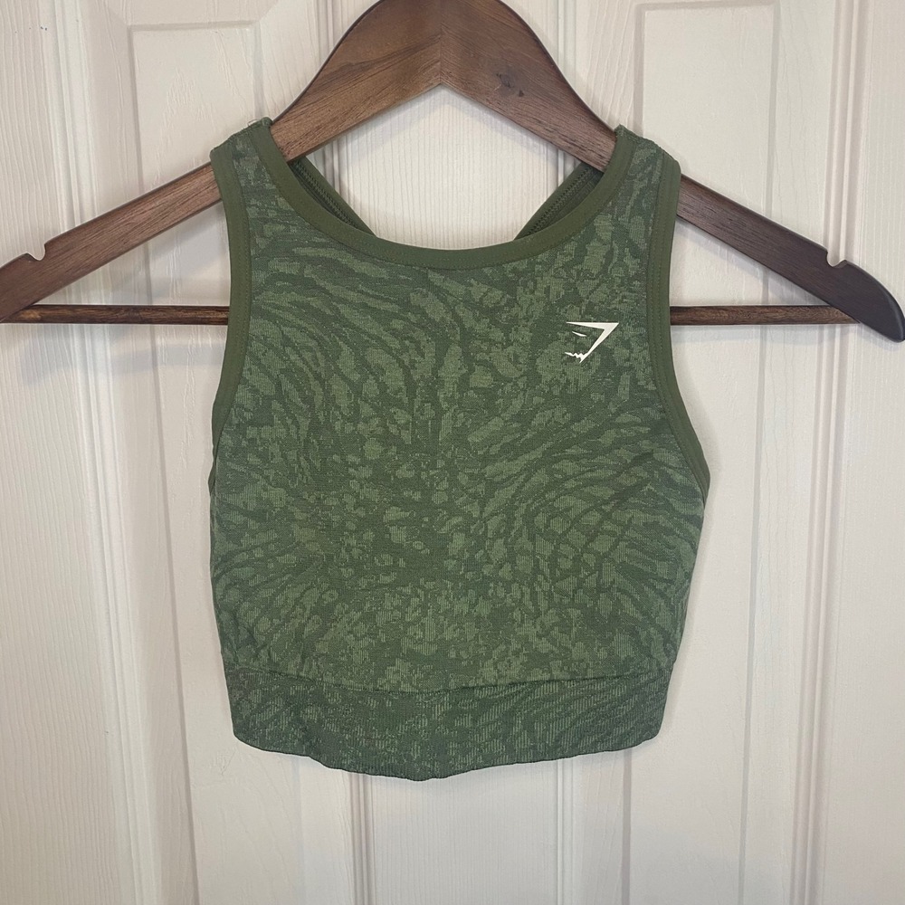 Gymshark Sports Bra Small Adapt‎ Animal Seamless Core Green High Neck Cross Back